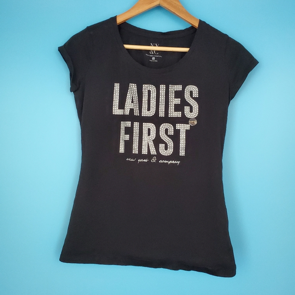 NY&C Black Tee Size XS "Ladies First" Rhinestone
